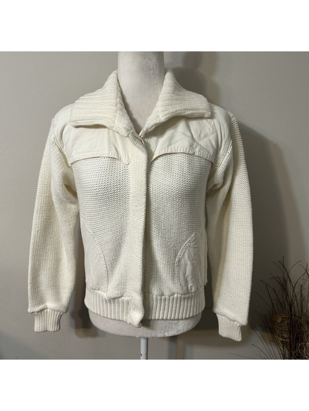 Vtg Tomboy Le Sport Western Cardigan Sweater Ivory Button Up Women Pockets Sz L